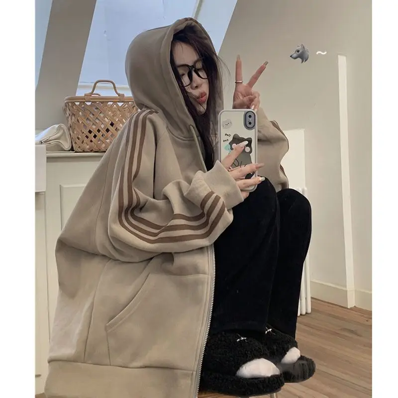 

Korean style velvet thickened zipper jacket for women autumn and winter loose mid-length sports hooded sweatshirt cardigan tops