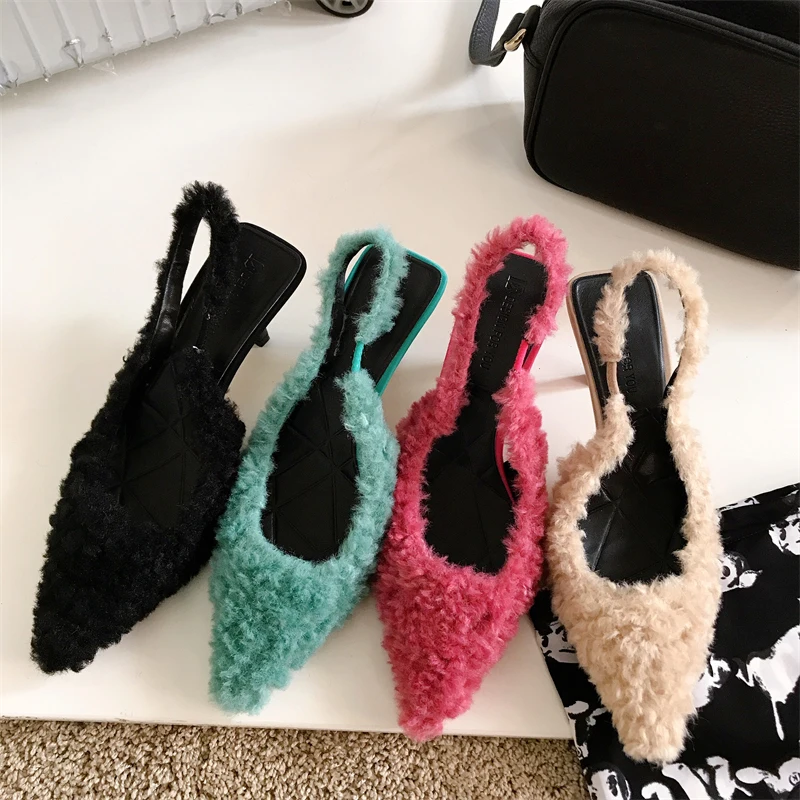 

2023 Spring New Women Green Sandal Fashion Furry Pointed Toe Shallow Slip On Slingback Shoes Thin High Heel Dress Pumps