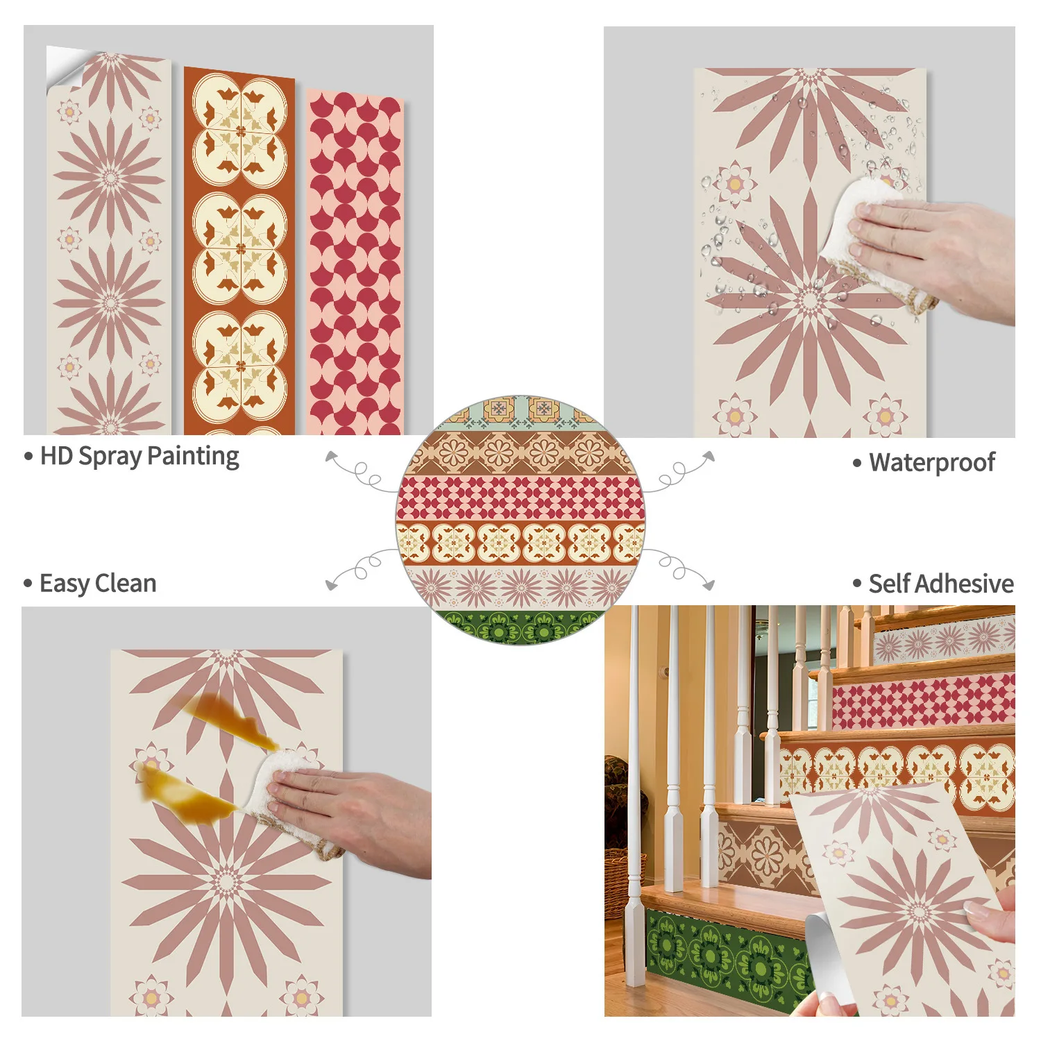 Description Picture 2 of item6PCS Floral Mural Stair Stickers Mural Adhesive Abstract Tiling Decals Stairway Riser Cover Cabinet Refrigerator Wallpaper Decor