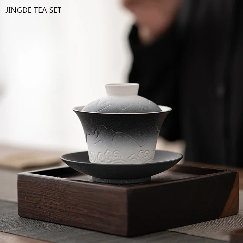 1PCS 110ml ceramic color gradient gaiwan Exquisite home tea infuser Portable beauty teacup traditional tea accessories