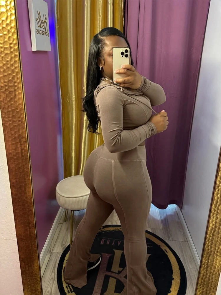 Wmstar 2024 Autumn Women Pants Two Piece Set  Fashionable Casual  Washed Worn Hooded Flared Pants Set Wholesale Dropshipping