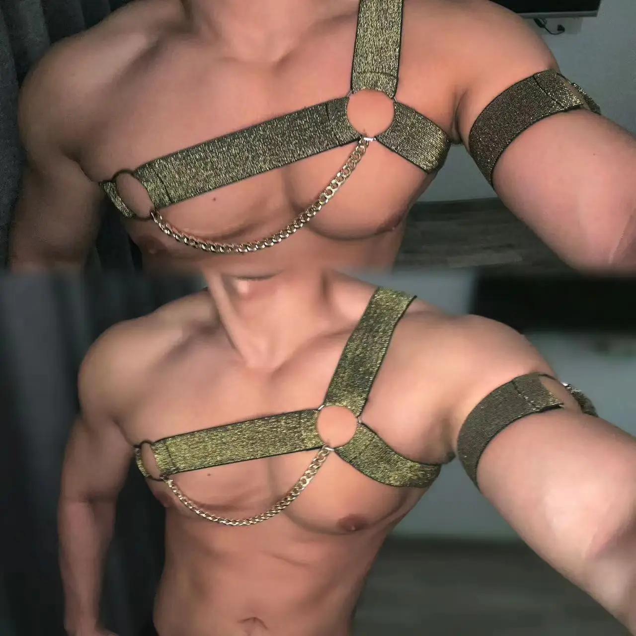 

Nightclub Bar Male Singer DS gogo chain Gold Bandage Party stage Show Performance Chest Straps WP
