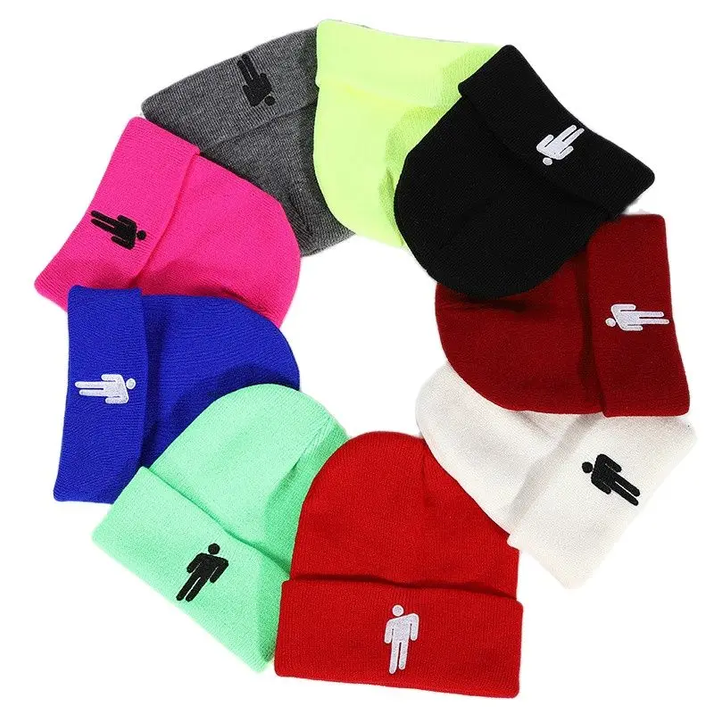 

Adult women's acrylic elastic knitted hat Beanie cap Mens Solid figure embroidered curled sports hip hop ski skullcap gorros