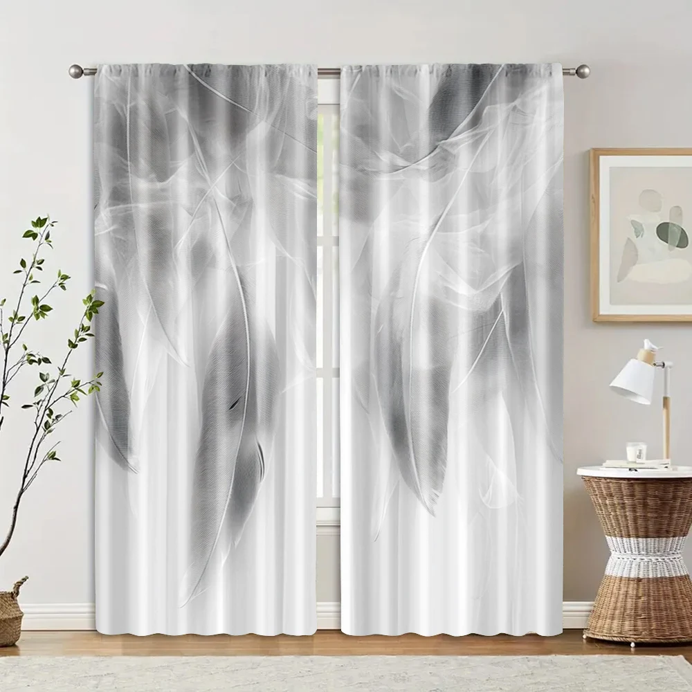 2pcs, Creative Curtains 2D print Gray & White Feather Print Polyester (without rod) Decorations For Home Perfect for Living 2
