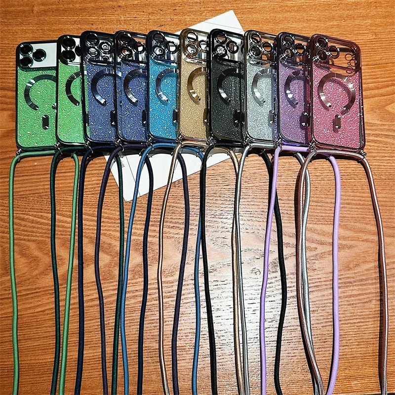 Sparkling Crossbody Lanyard Magnetic Phone Case with Electroplated Soft TPU Back Cover