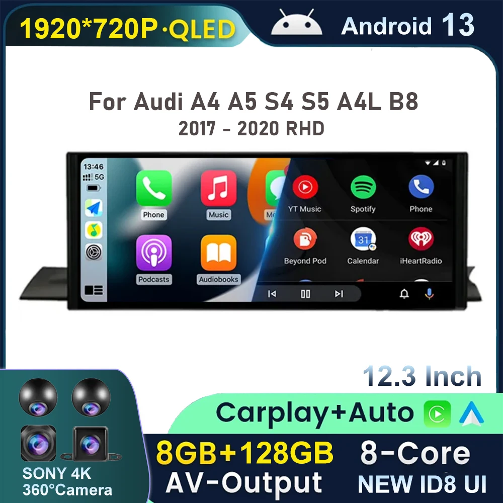 

12.3" Android 13 AutoRadio Car Multimedia For Audi A4 A5 S4 S5 A4L B8 2017 - 2020 RHD GPS Navi Wireless Carplay Auto 4G WIFI