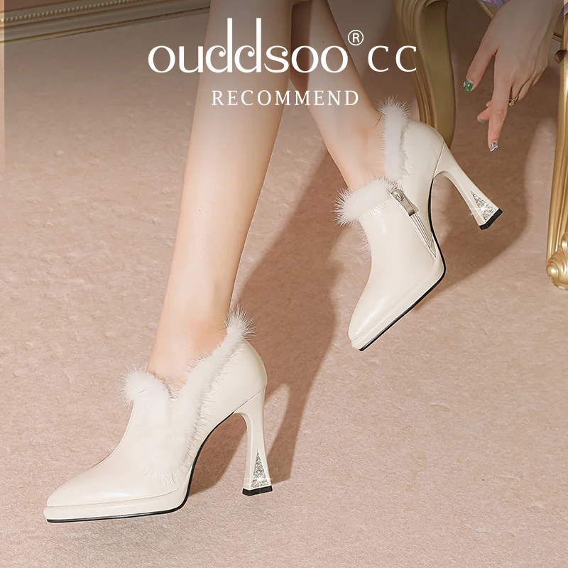 

ODS Hot Sale Shoes for Women Zipper Women' Boots Winter Pointed Toe Solid Flock Plush Warm Naked Boots High Heels Fashion Boots