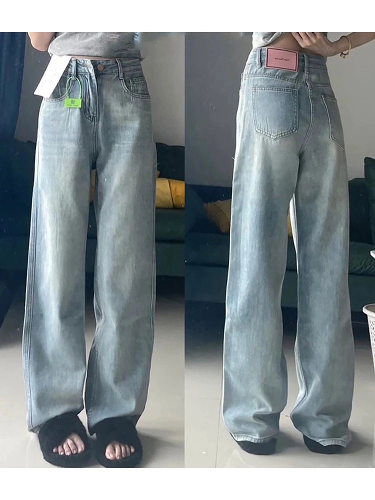 S-5XL Size Light Blue Jeans Women Spring Autumn Fashion High Waist Straight Loose Denim Pants Oversize Wide Leg Pants Trousers