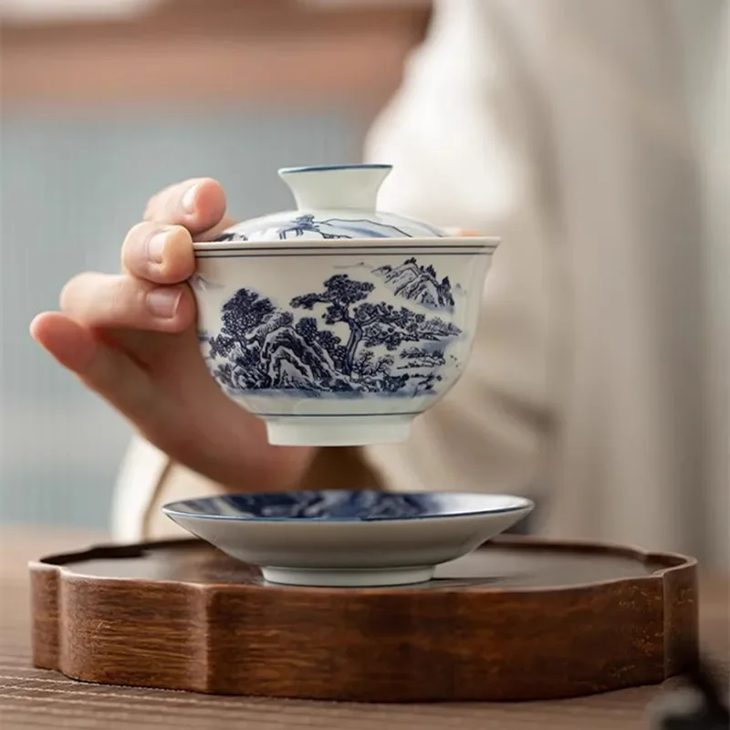 Blue and White Porcelain Sancai Covered Bowl, Single Tea Bowl with Lid, Non Scalding Kungfu Tea Set, Household Ceramic Maker