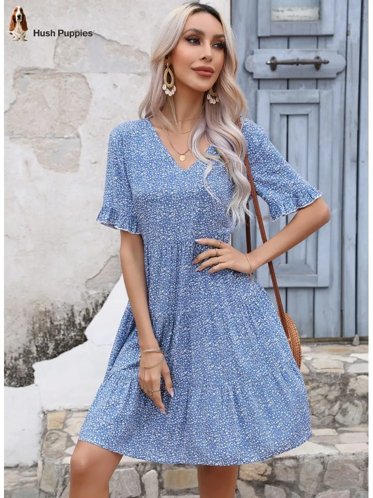 

Hush Puppies Ladies Vintage Summer Dress Floral Print Loose Dress Women Casual V-neck Ruffles Dress Beach Sundress Vestidos