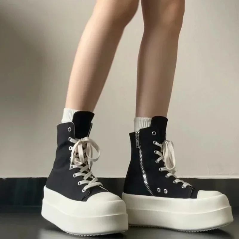 Women Punk High Top Sneakers Canvas Platform Heels Designer Elevator Shoes Lace Up Zip High Street Autumn Flats Black Boots