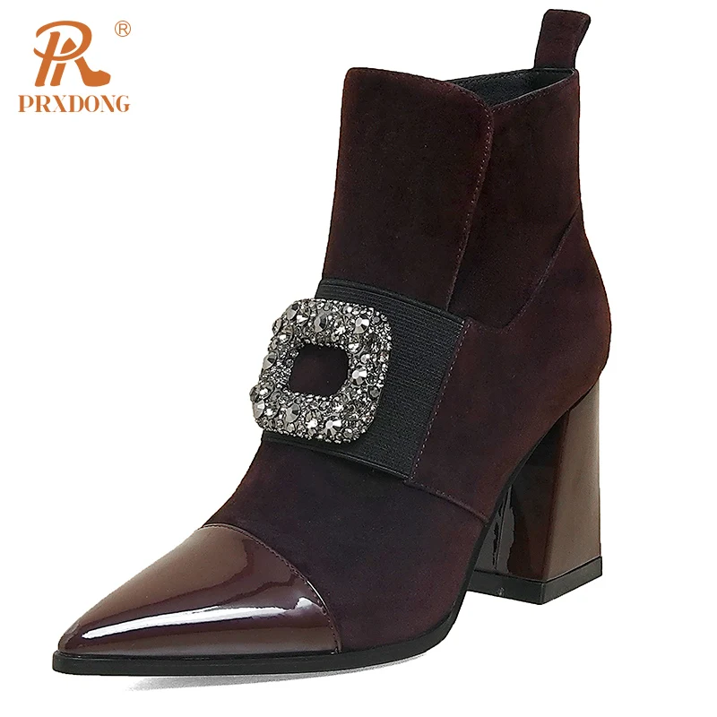 

PRXDONG Women's Shoes 2023 New Brand Genuine Leather High Heels Crystal Black Brown Dress Party Lady Autumn Winter Ankle Boots 7