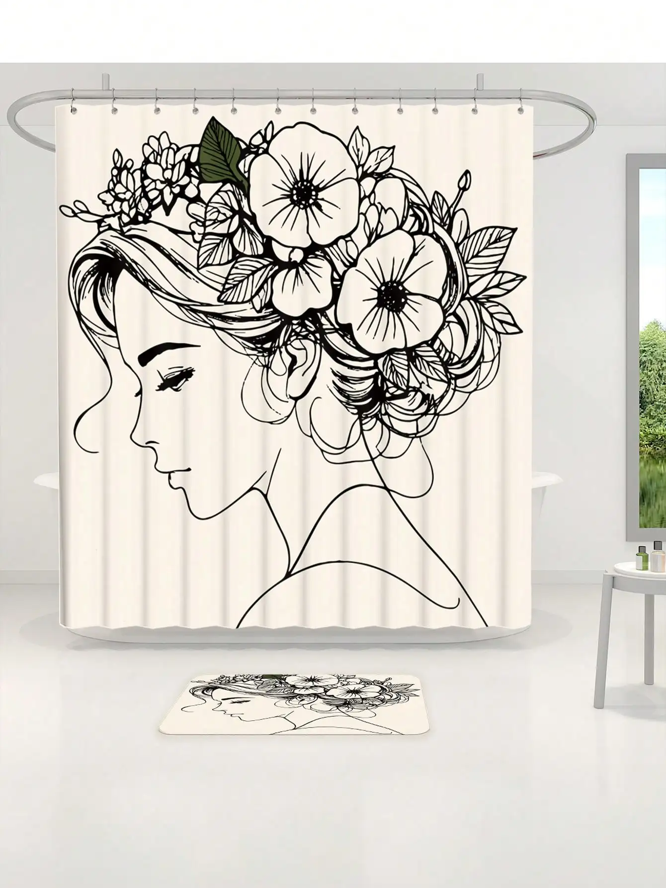 4pcs Minimalist Black Line Charm Ladies Bathroom Set Including Waterproof Shower Curtain Applicable For Full Bathroom Scenes 3