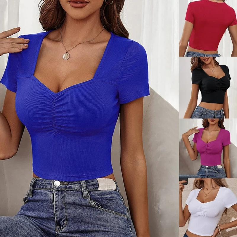 

Womens Summer Short Sleeve Sweetheart Neck Crop Top Ribbed Knit Basic Solid Color Casual Slim-Fit Ruched T-Shirt Blouses