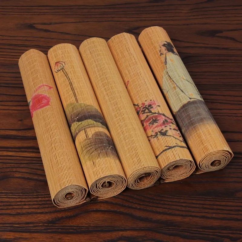 Hand-Painted Zen Tea Mat - Bamboo Tea Tray Mat with Artistic Print, Chinese Style Dry Brew Tea Ceremony Table Cloth