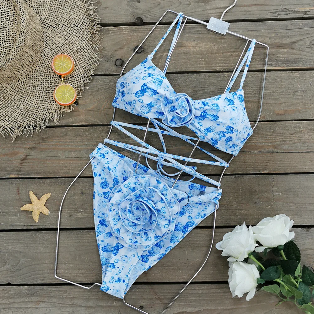 Blue High Waist Strappy Bikini New Rose 3D Flower Flower Split Swimsuit Women 2023 New Floral Bikini Two-piece Set Swimwear