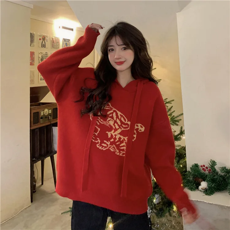 2022 spring new Korean version loose ins tide red sweater slim hooded pullover birth year sweater women's clothing pink sweater