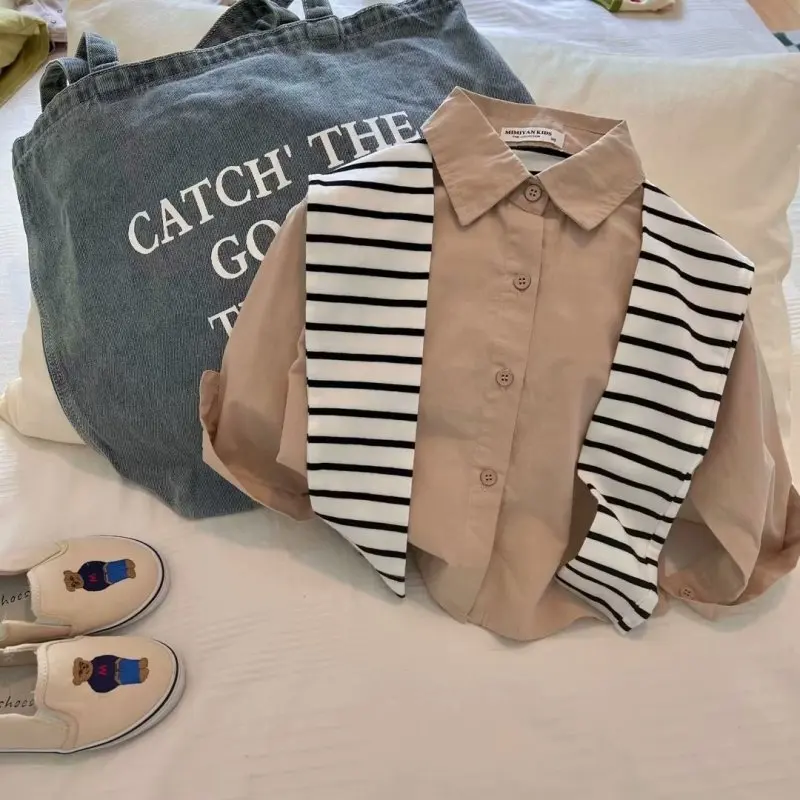Spring and Autumn Children's Shirt New Fake Two Piece Solid Color Shawl Shirt for Boys and Girls Baby Polo Top
