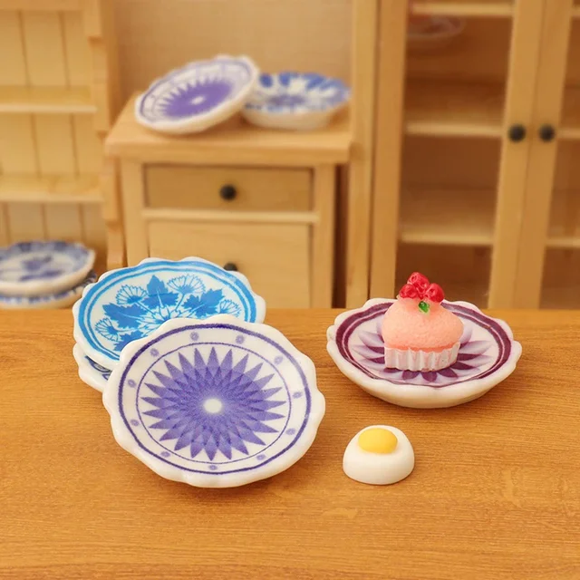 5Pcs 1:12 Dollhouse Miniature Dining Plates Doll Home Simulation Kitchen Tableware Accessories Dolls House Scene Decor Toy 4