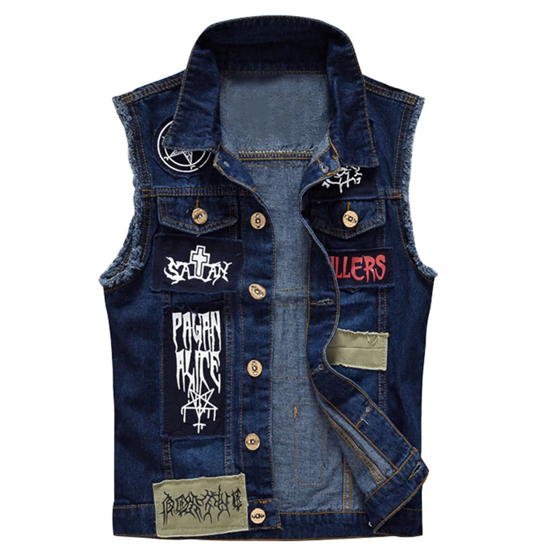 

Punk Men Patched Denim Vest Turn Down Collar Raw Edge 2024 New Biker Style Blue Sleeveless Jean Jacket Hip Hop