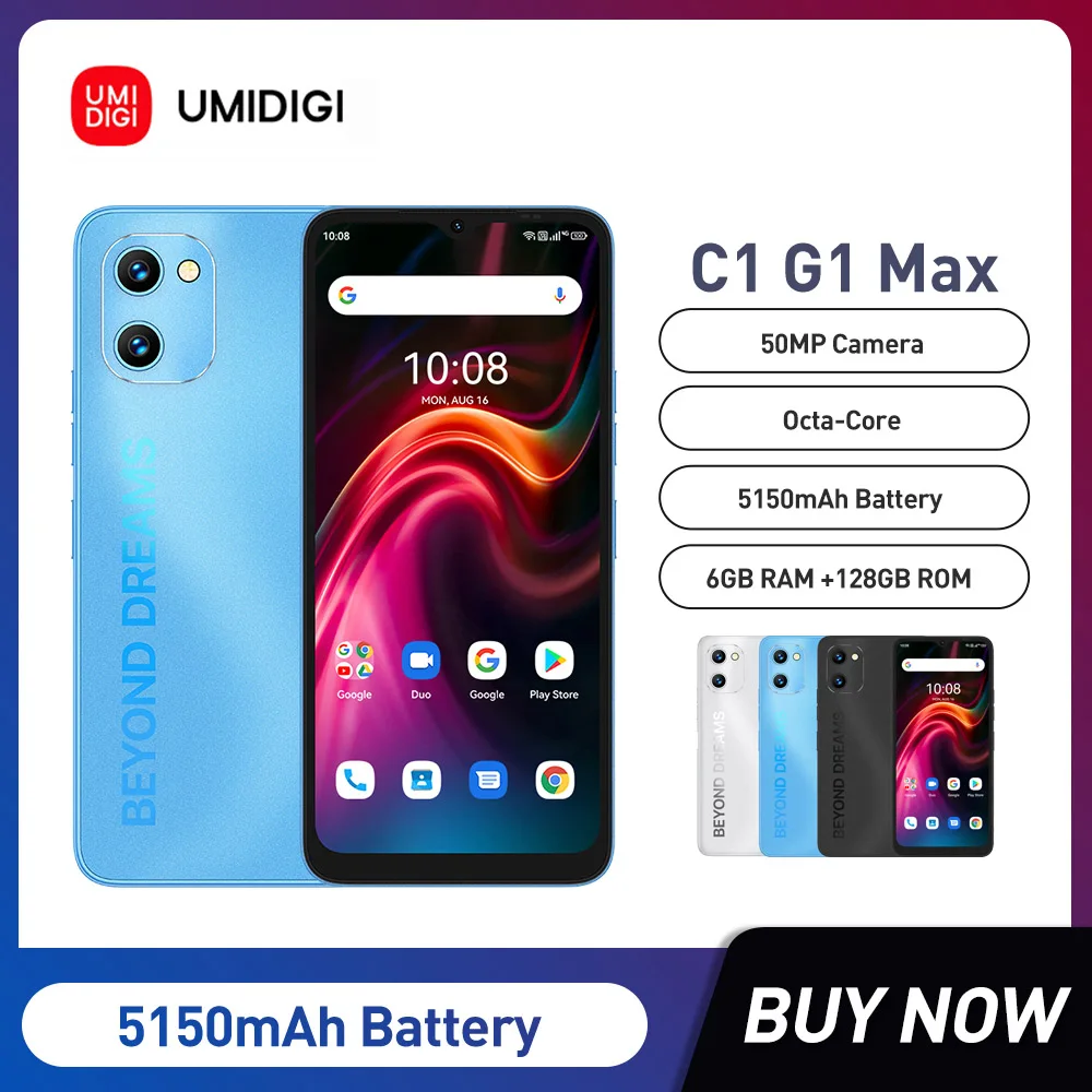 

UMIDIGI C1/G1 Max Smartphones Octa Core 6GB+128GB 6.52Inch Display 5150mAh Battery 50MP Camera Unisoc T610 Dual SIM Mobile Phone