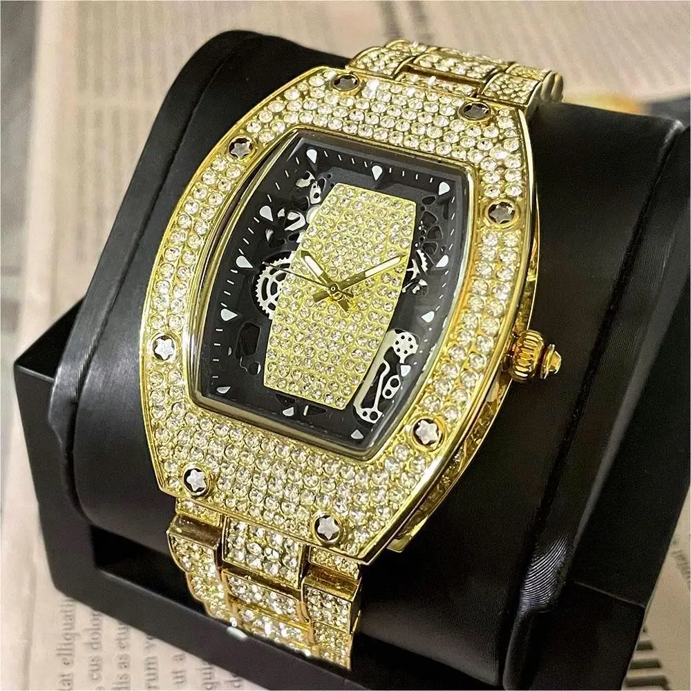 

Fashion Iced Watch Mens Brand MISSFOX Luxury Tonneau AAA Quartz Watches Hip Hop Diamond Jewelry Wristwatch Man Dropshipping 2024