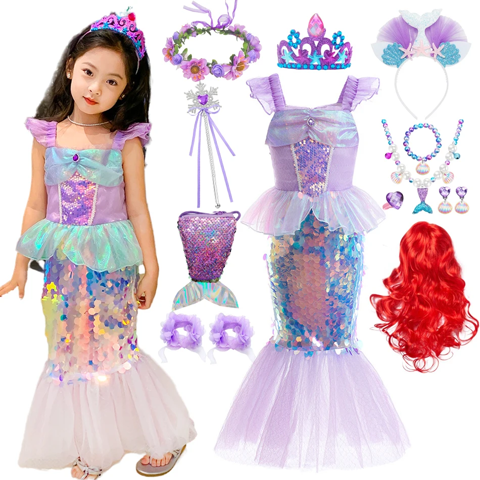 Little Mermaid Dress Charm Princess Cosplay Paillettes Bling Costume Per Bambini Ragazza Pesce Bellezza Festa Di Compleanno Abbigliamento Di Halloween