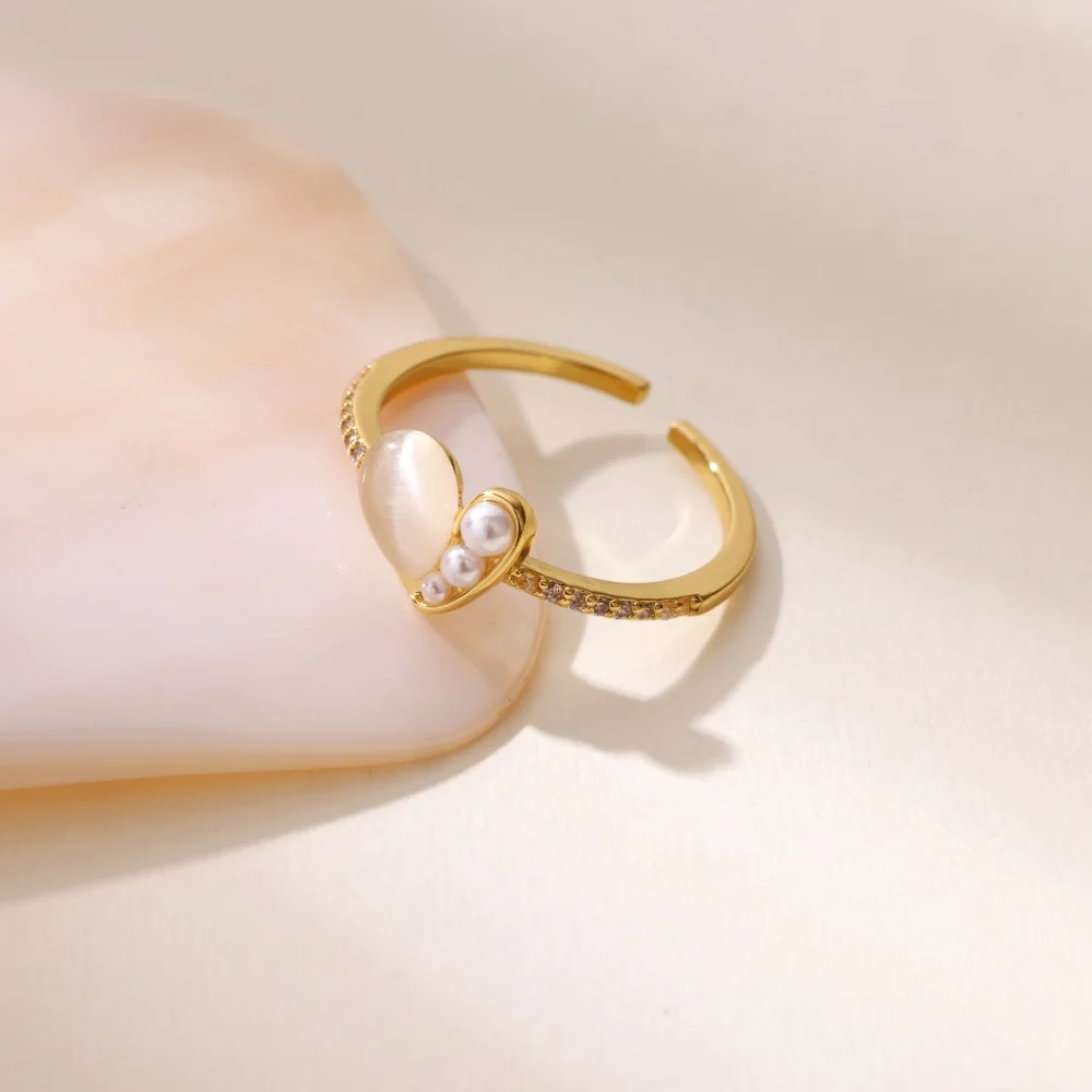 Luxury Resin Pearl Zircon Heart Ring For Women