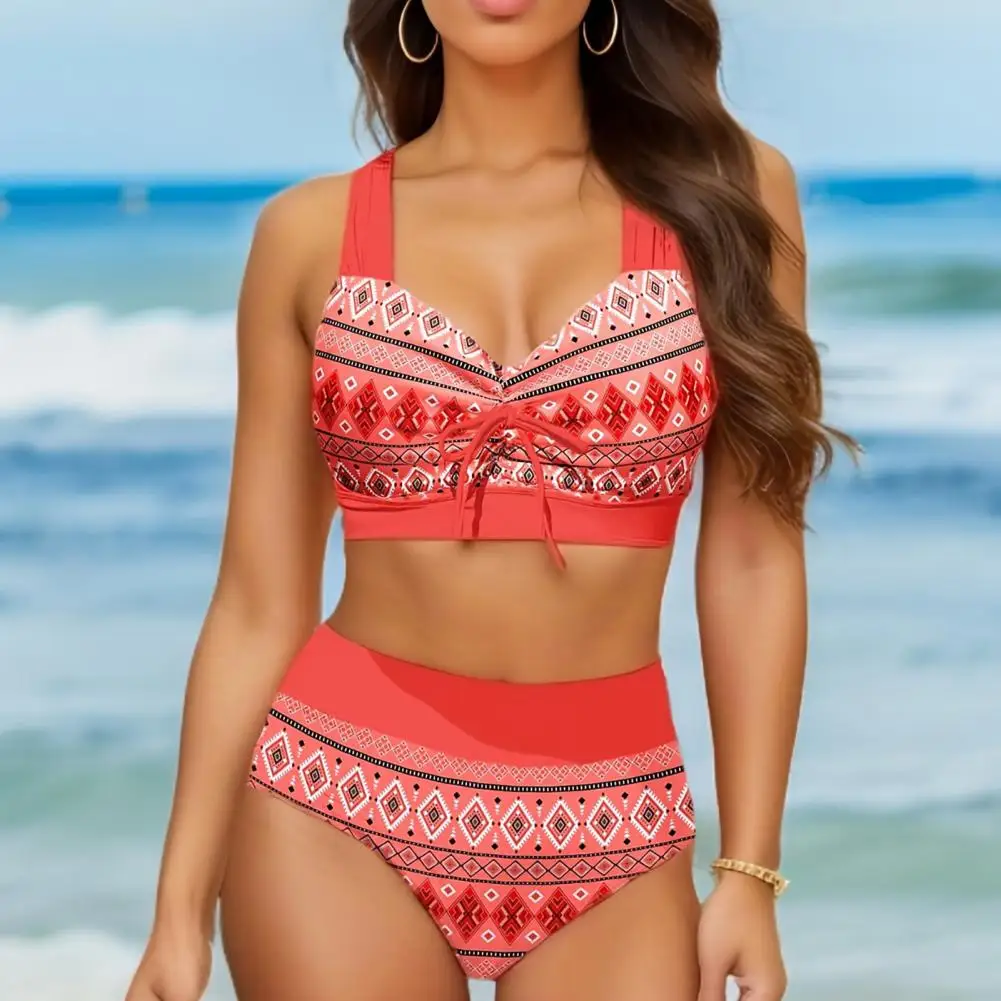 

2Pcs/Set Sexy Women Bikini Set Retro Printed V-Neck Crisscross Bra High Waist Briefs Set Bowknot Decor Beach Swimsuit