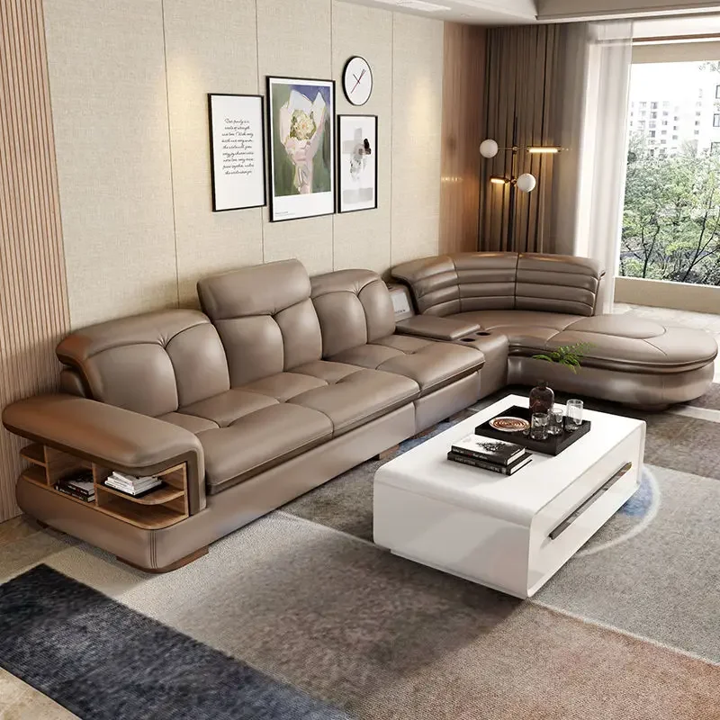 Luxury L-Shaped Genuine Leather Sectional Sofa Sets with USB, Bluetooth Speaker-MINGDIBAO Living Room Italian Leather Couches