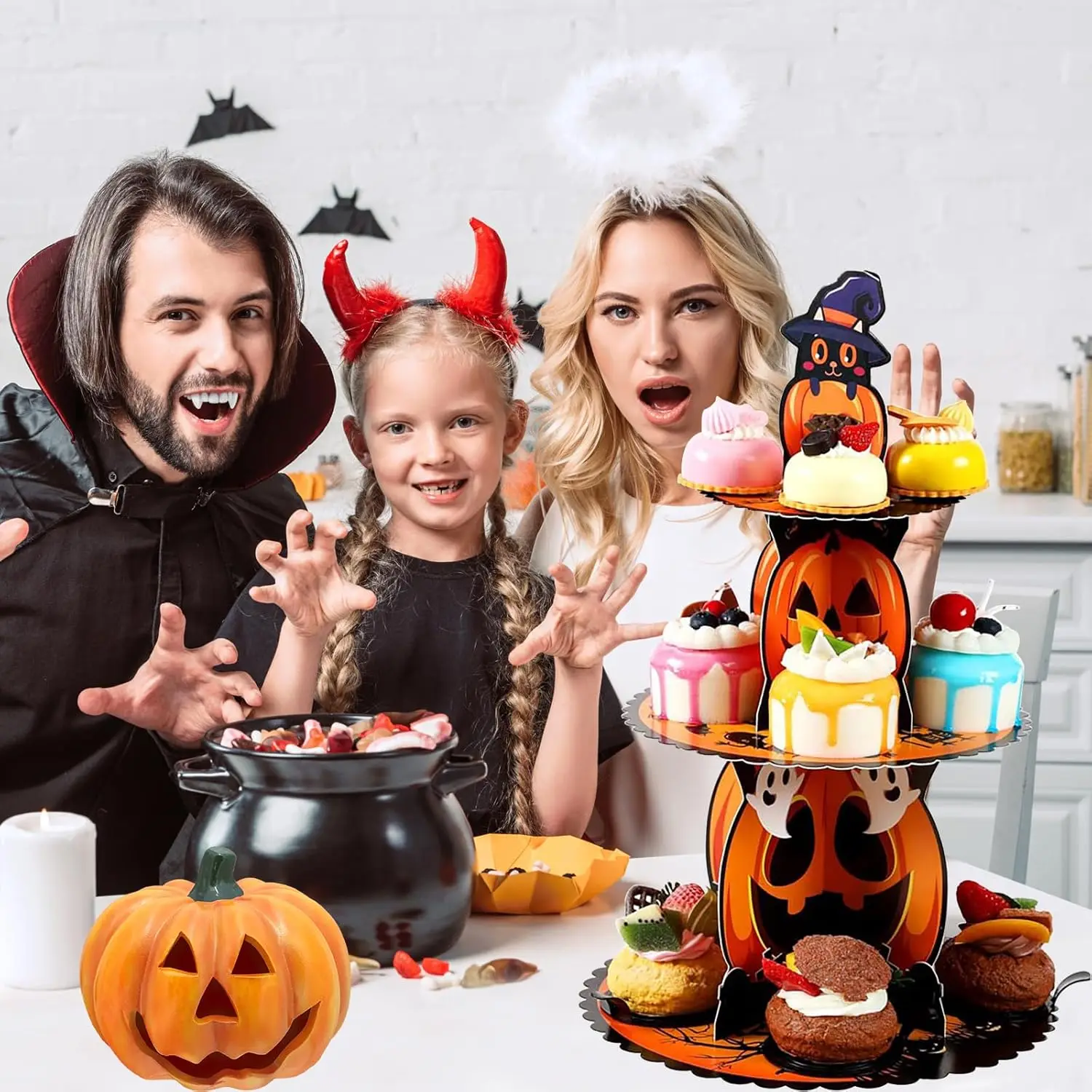 Halloween Supplies 3-stufiger Cupcake-Ständer, runder Kuchenständer aus Pappe, Dessert, Baum, Turm, Partydekorationen, Partyzubehör – Detail 6