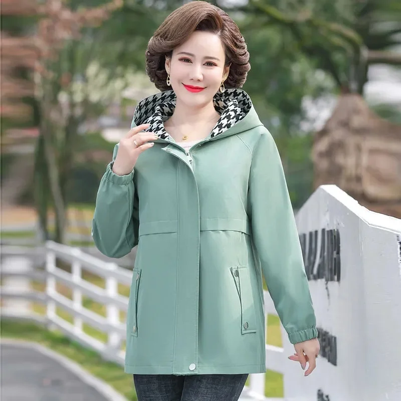 

Mother Coat Women's Windbreaker Middle Temperament Fashion New Middle-Aged And Elderly Women's Spring And Autumn Casual Hooded T