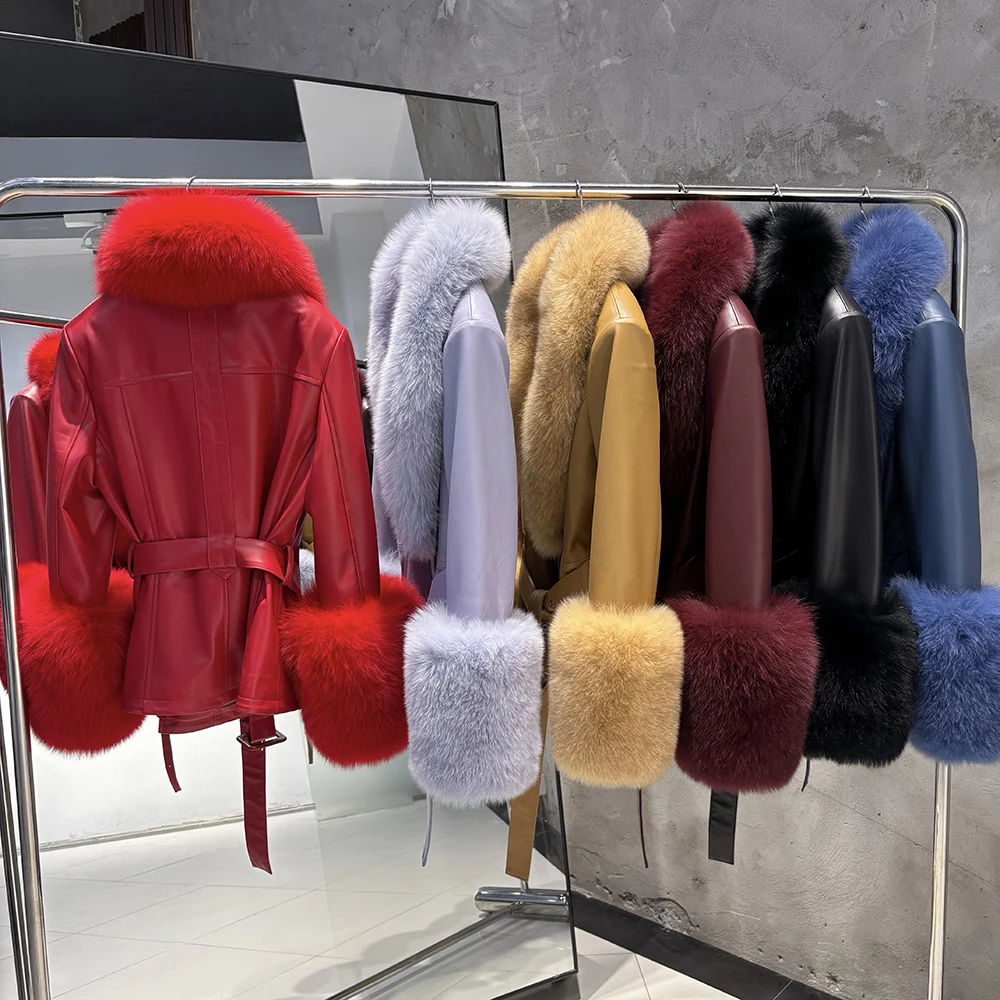 YOLOAgain Real Fox Fur Collar Genuine Leather Jacket Women