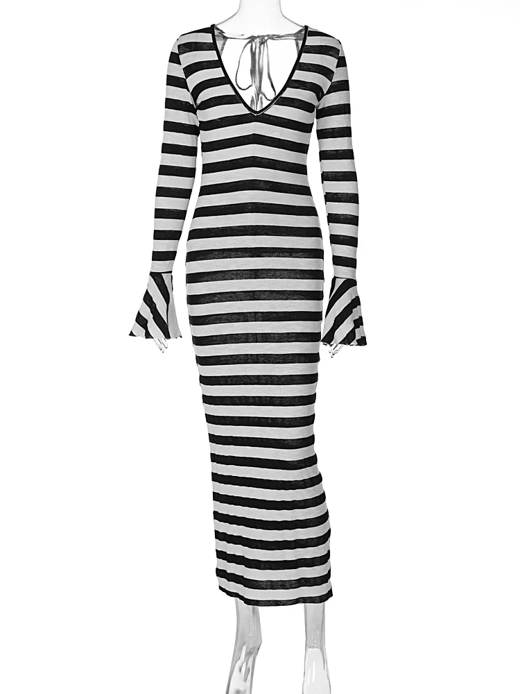 Hawthaw Women 2023 Autumn Winter Long Sleeve V Neck Striped Streetwear Bodycon Black Long Dress Wholesale Items For Business