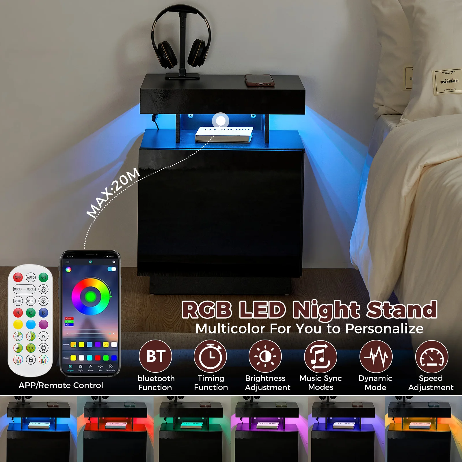 Nightstand with Led Lights Modern Night Stand Led Bedside Table for Bedroom Storage with Removable Shelf 3