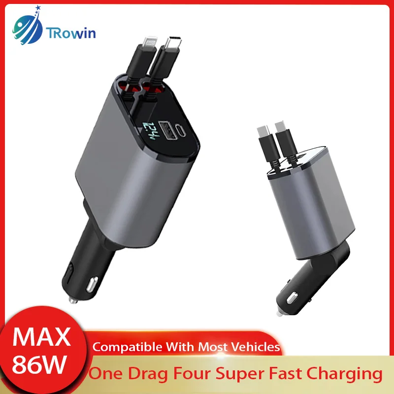 

86W PD QC3.0 4IN 1 Flexible Retractable Car Fast Charger for Apple USB Type-C Super Fast Charger Cigarette Lighter Adapter