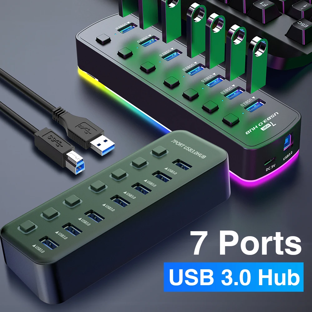 RGB USB 3.0 허브, 고속 개별 온/오프 스위치 분배기, USB 확장 도킹 스테이션, 7 포트 데이터 포트 어댑터, 5Gbps 