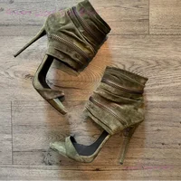 Sandales enveloppantes à la cheville en daim vert émeraude foncé pour femmes, talon aiguille ouvert, bout rond, talons de poussin chaud, fermeture éclair en métal, chaussures de Style de rue Cool 3