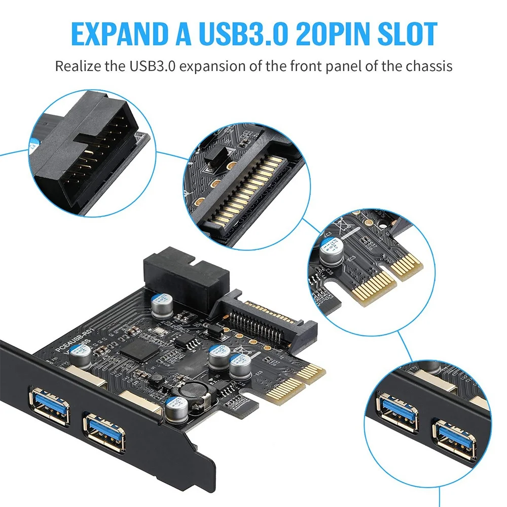 드라이브 CD가 있는 데스크탑 PC용 USB 3.0 확장 카드, PCI-E 2 포트 PCI Express 확장 카드, 19 핀 전원 커넥터