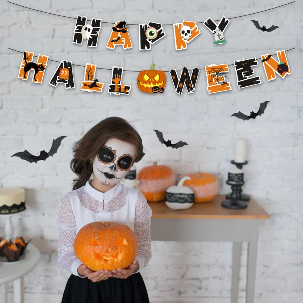 

Halloween Banner Bat Skull Spider Pumpkin Paper Banner Pendant Happy Halloween Hanging Ornament Halloween Party Decoration 2023