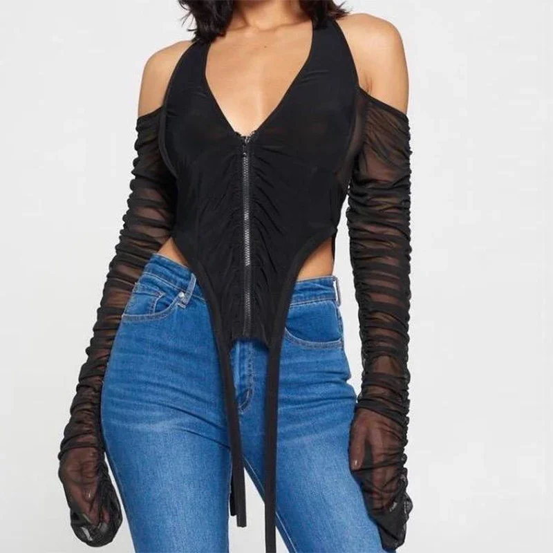 

Clubwear Zipper Ruched Mesh Hot Sexy Halter Crop Tops Women Autumn 2021 new Fashion Long Sleeve Backless V Neck Asymmetrical Top