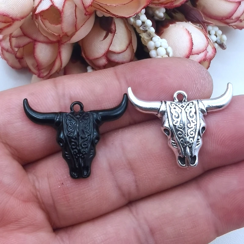 10pcs Metal Vintage Longhorn Cattle Skull Buffalo Charms Pendants Diy Jewelry Making 21x30mm