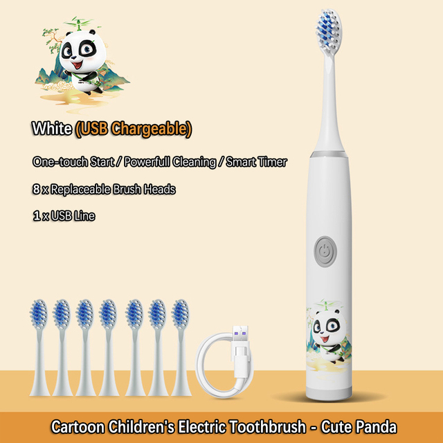 Electric Toothbrush For Kids Cartoon Panda Kids 8pc Replace Toothbrush Head 3-15 Age Ultrasonic Electric Toothbrush