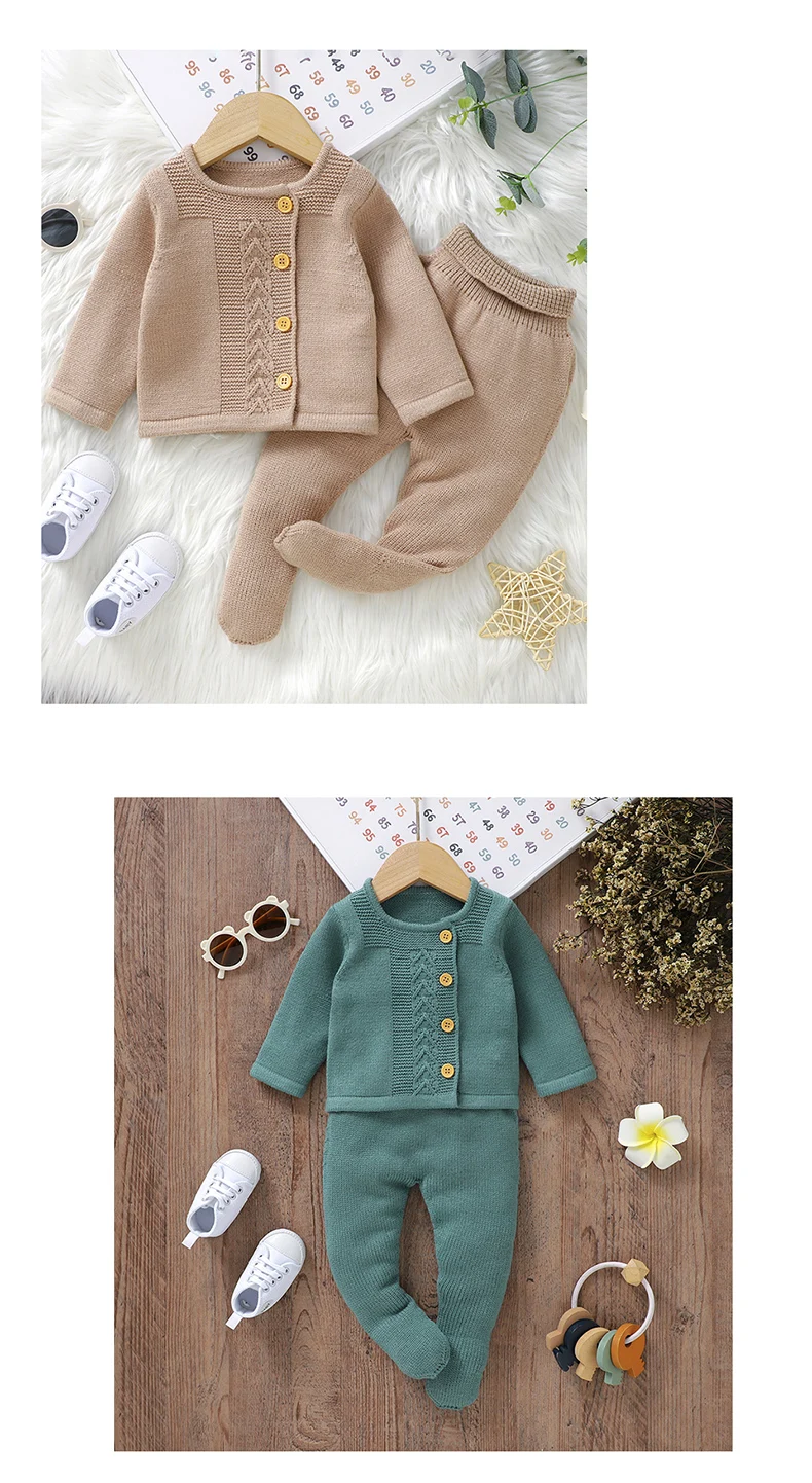 Infant Girls Clothes Sets Autumn Solid Long Sleeve Sweaters Cardigans+Pants Newborn Knitted Outfits 0-9m Toddler 2pcs Tracksuits