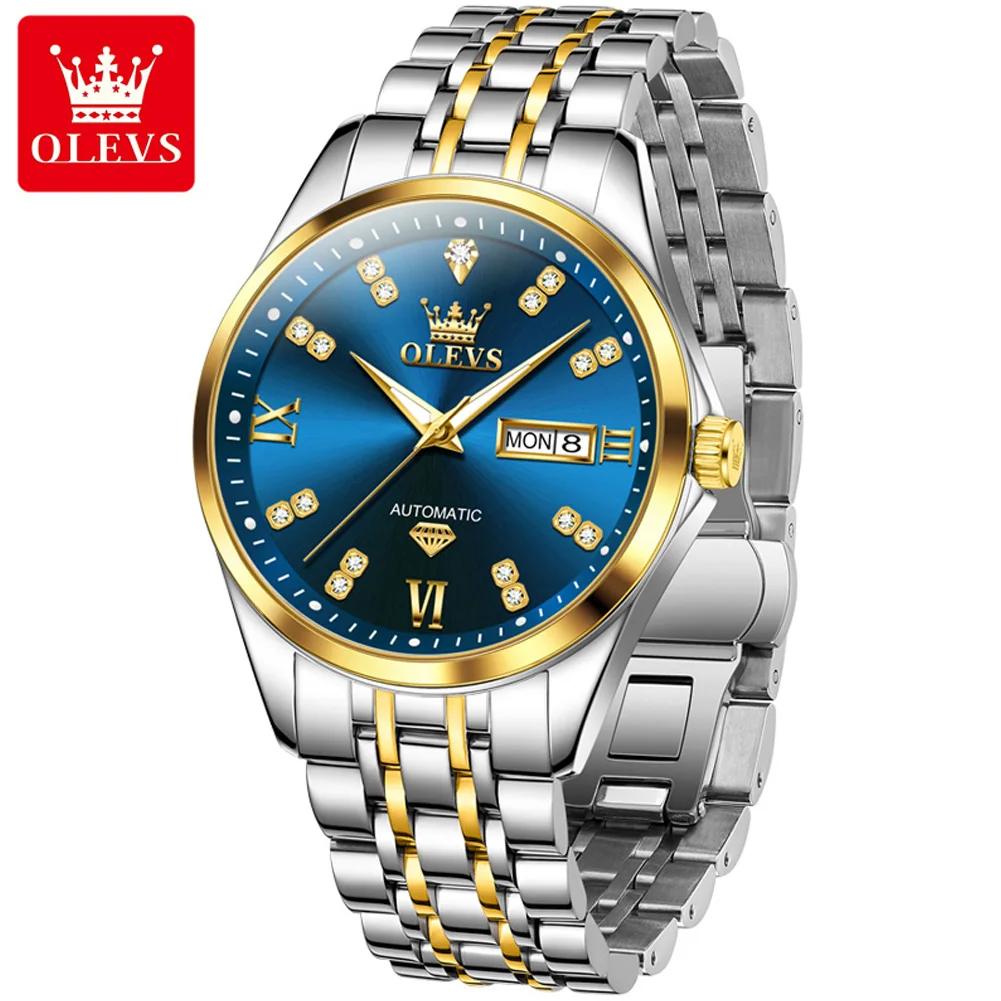 OLEVS 9801 Mens Watch Original Waterproof Luminous Automatic Mechanical Watch Dual Calendar Display Mens Gifts
