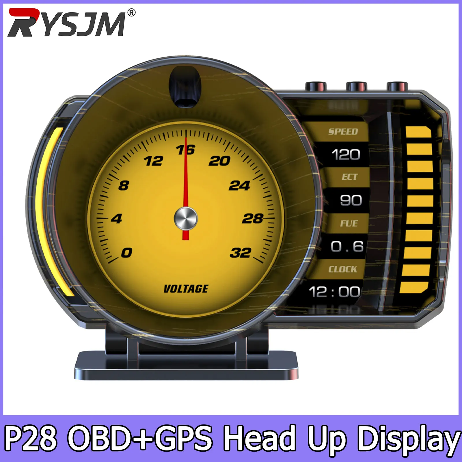 P28 수온 게이지 OBD+GPS HUD 헤드업 디스플레이 차량용 온보드 컴퓨터 디지털 RPM 전압 속도계 과속 경보