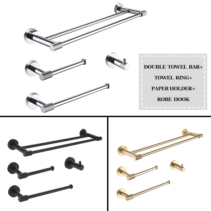 Brushed Gold Bathroom Accessories Set Wall Mount Hand Towel Bar Rack Toilet Roll Paper Holder Robe Hook Hanger 4 Piece Set