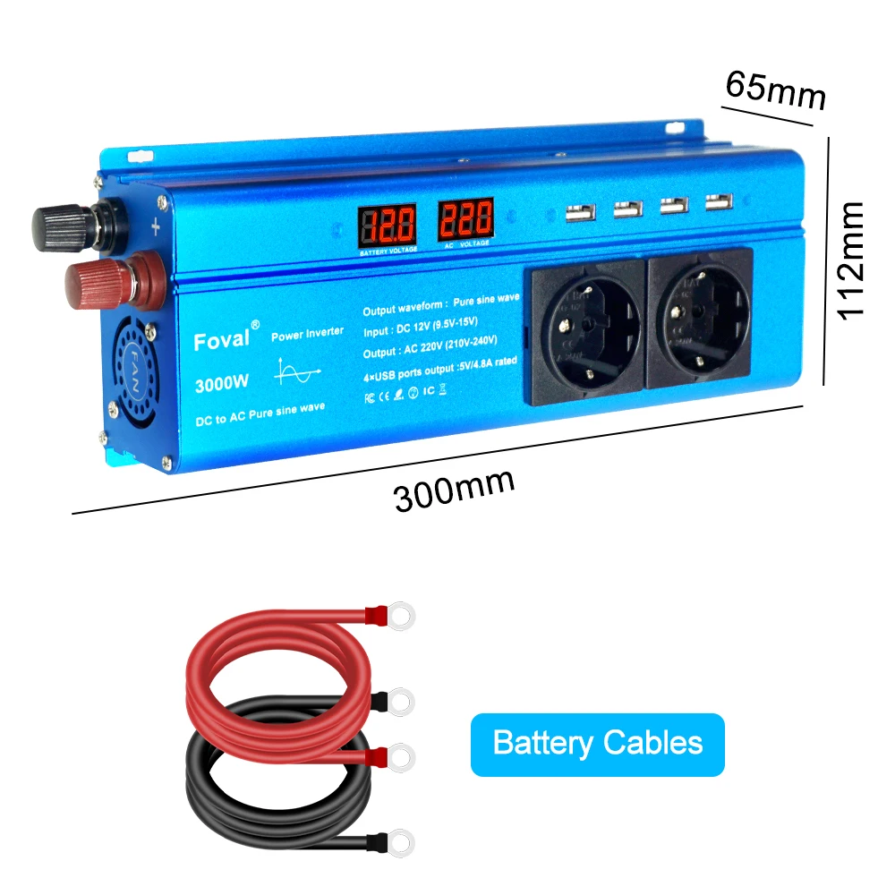 Car Inverter Adapter 1500W/2200W/2600W/3000W DC 12V TO AC 220V with 3.1A Dual USB Pure Sine Wave EU Socket