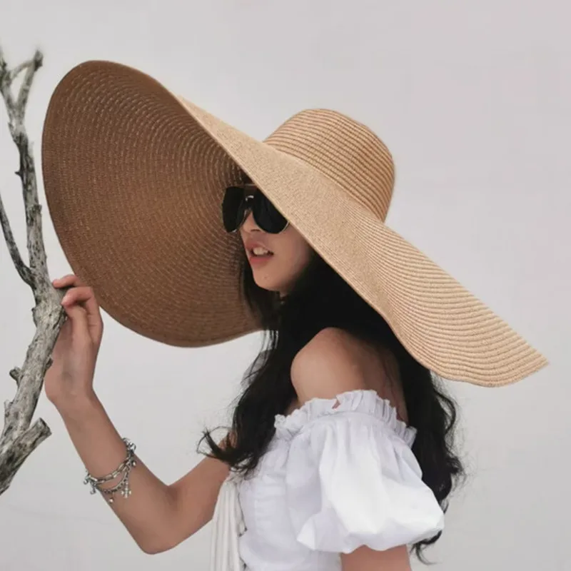 Simple Large Foldable 25cm Wide Brim Floppy Straw Hat For Women