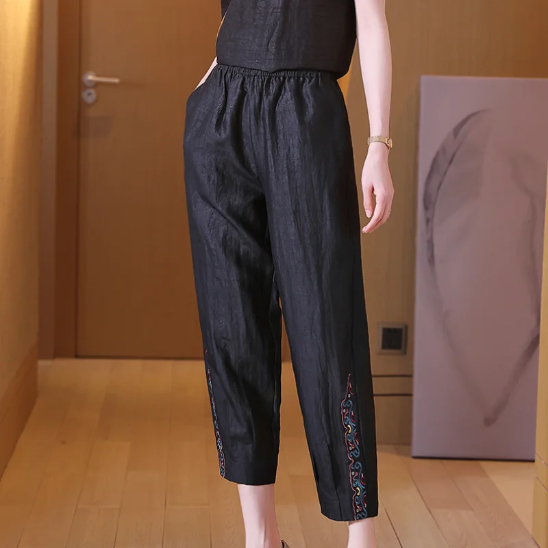 Summer Thin Women Black Harun Pants New Fashion Big Size Vintage Embroidery Elastic High Waist Loose Casual Straight Trousers